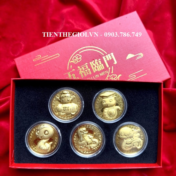 Hộp Quà Tặng 5 Đồng Xu Hình Con Rắn Mạ Vàng May Mắn